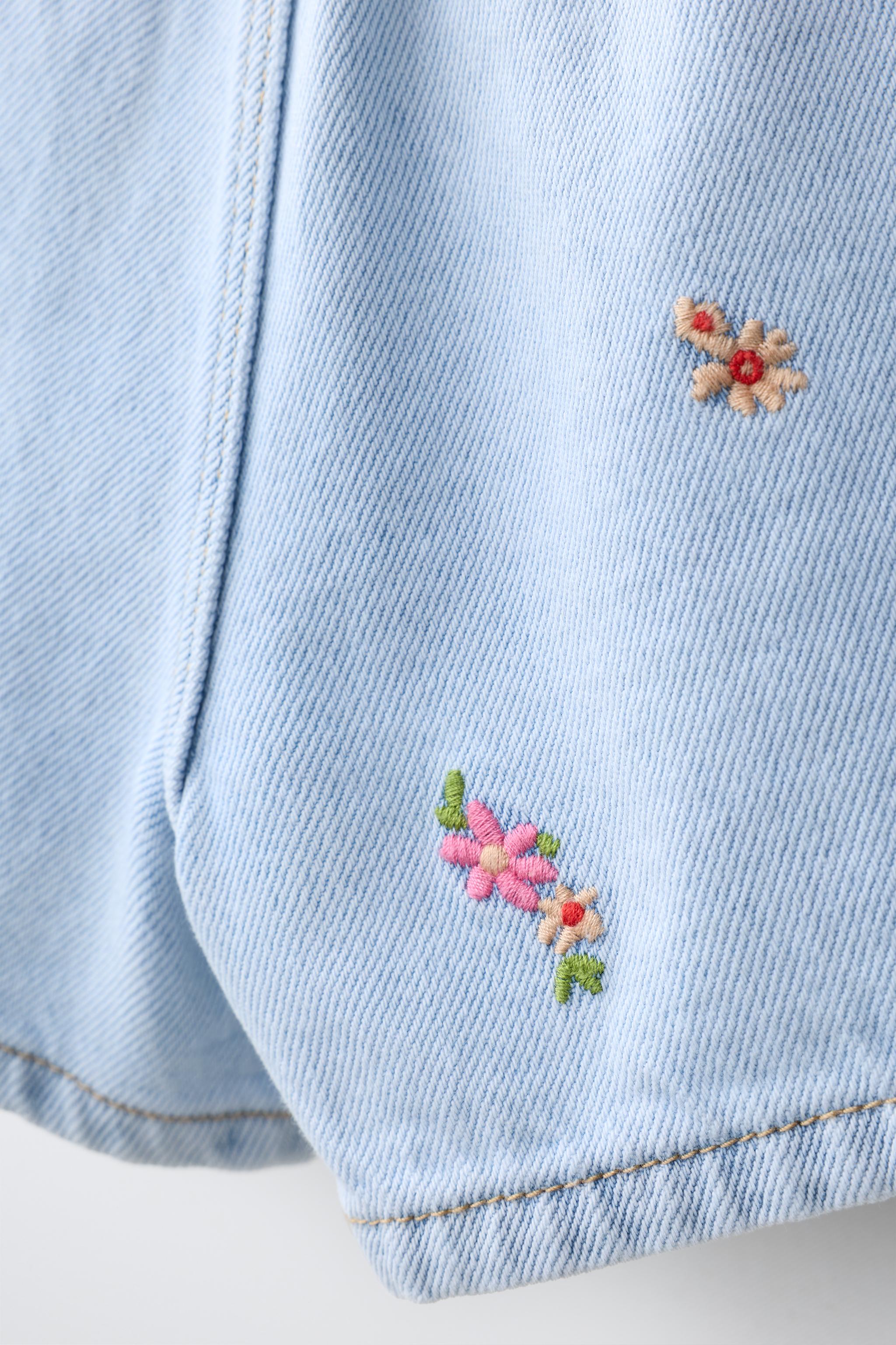 EMBROIDERED FLORAL DENIM PAPERBAG SHORTS
